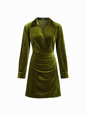 Velet Collar V-neck Ruched Long Sleeves Midi Dress
