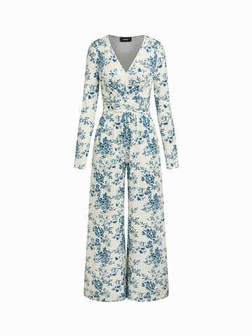 High-stretch V-Neck Floral Jumpsuits with Pockets