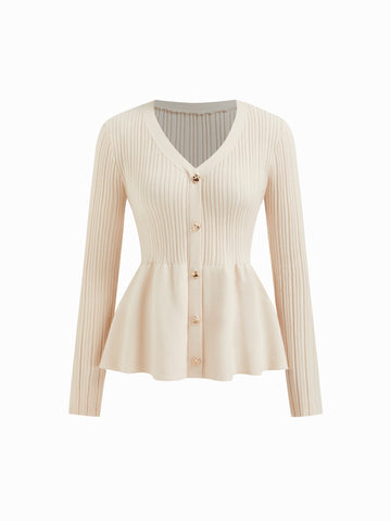 Knit Fabric V-neck Solid Knitted Long Sleeve Tops