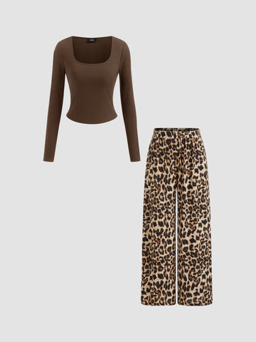 Square Neck Fit Tops with Bra Pads & Mid Waist Leopard Print Pants