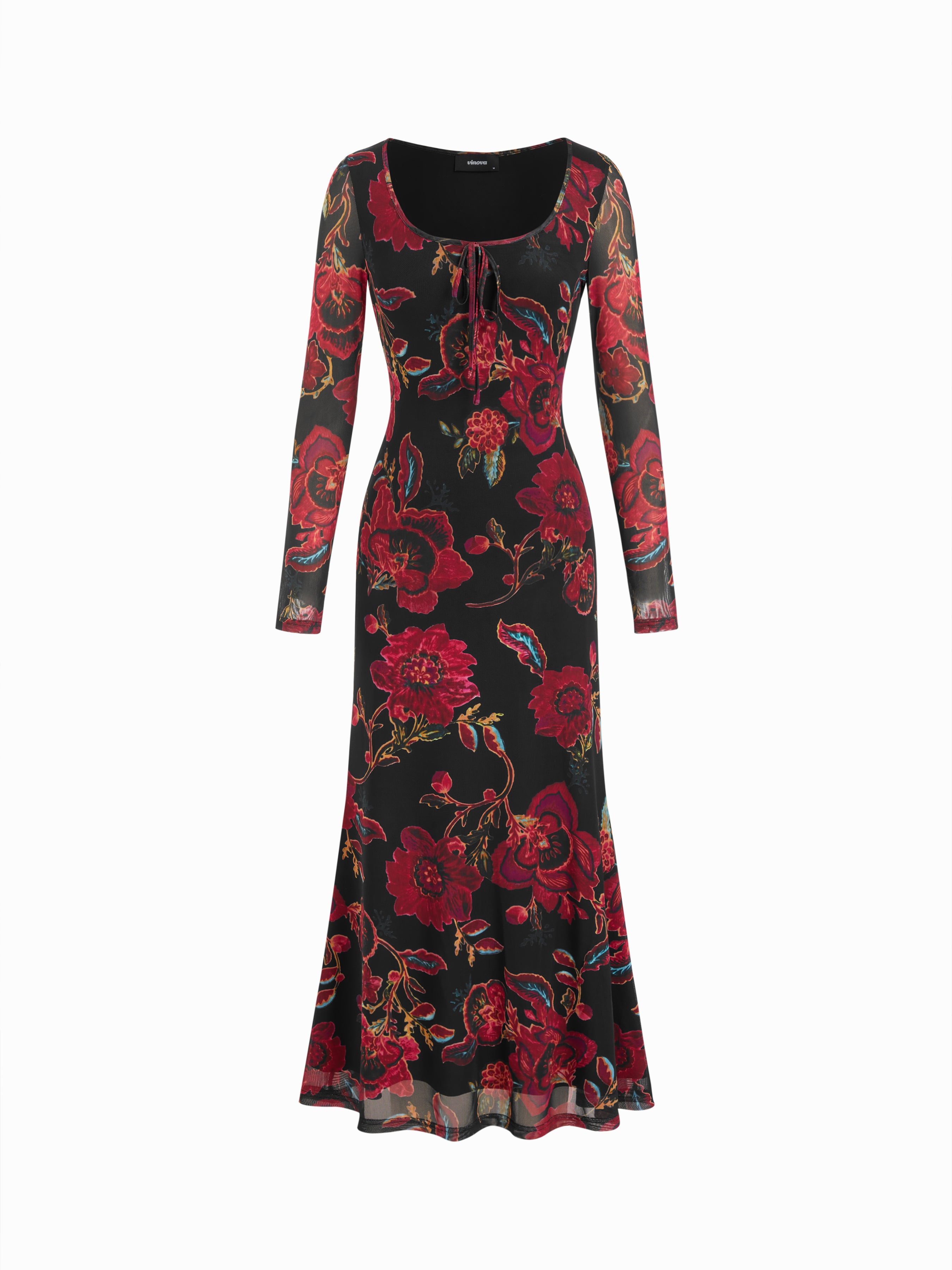 Floral Mesh Long Sleeve Maxi Square Neck Dress – vinova