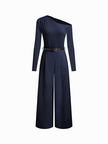 One Shoulder Belted Wide Leg Long Sleeve Jumpsuits