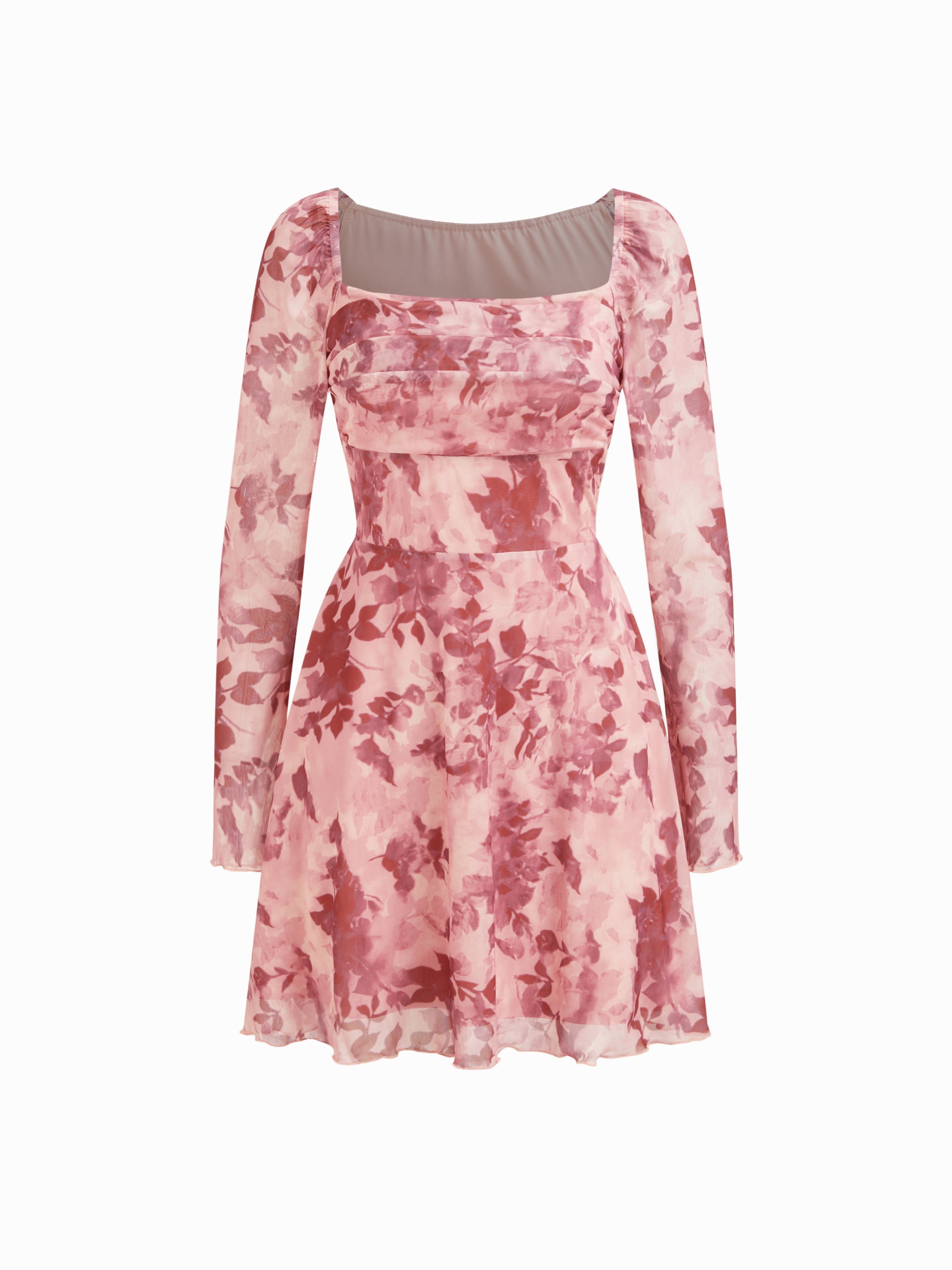 Square Neck Ruched Long Sleeve Floral Stretchy Mini Dress vinova Square Neck Ruched Long Sleeve Floral Stretchy Mini Dress vinova