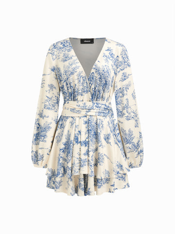 Floral Print V Neck Ruffle Hem Mini Dress