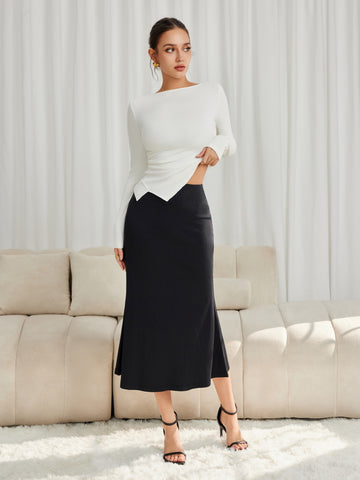 Asymmetrical Long Sleeve Ruched Top & Skirt Set