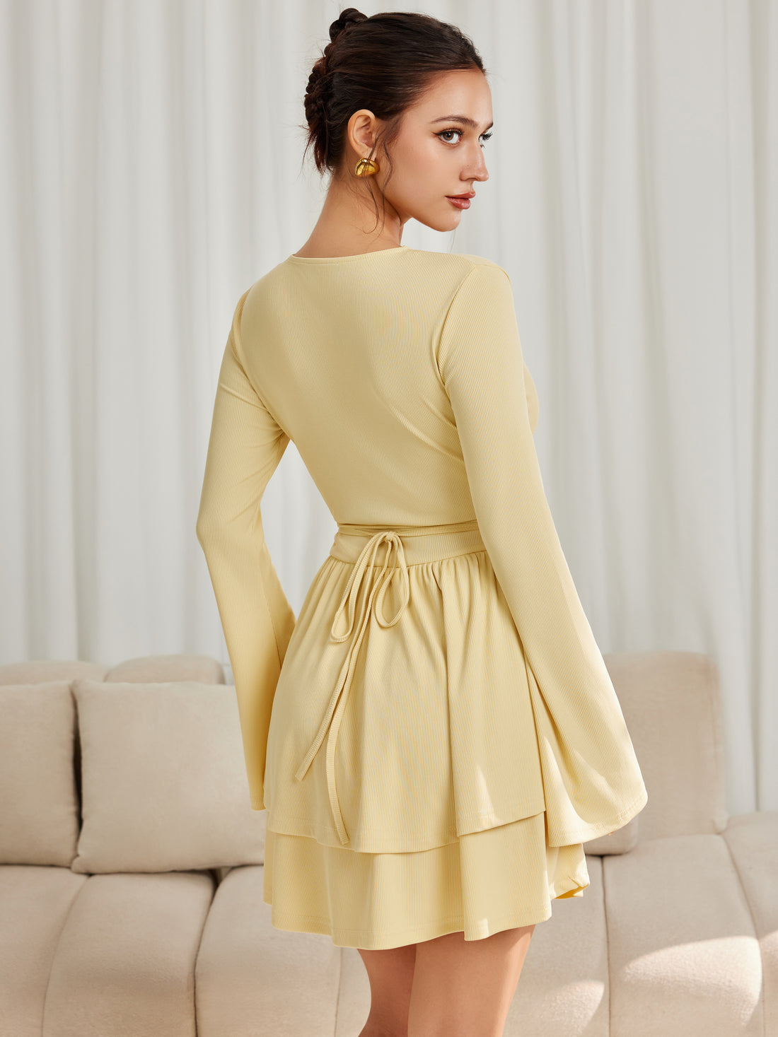 V-Neck Long Sleeve Back Tie Ruffle Mini Dress