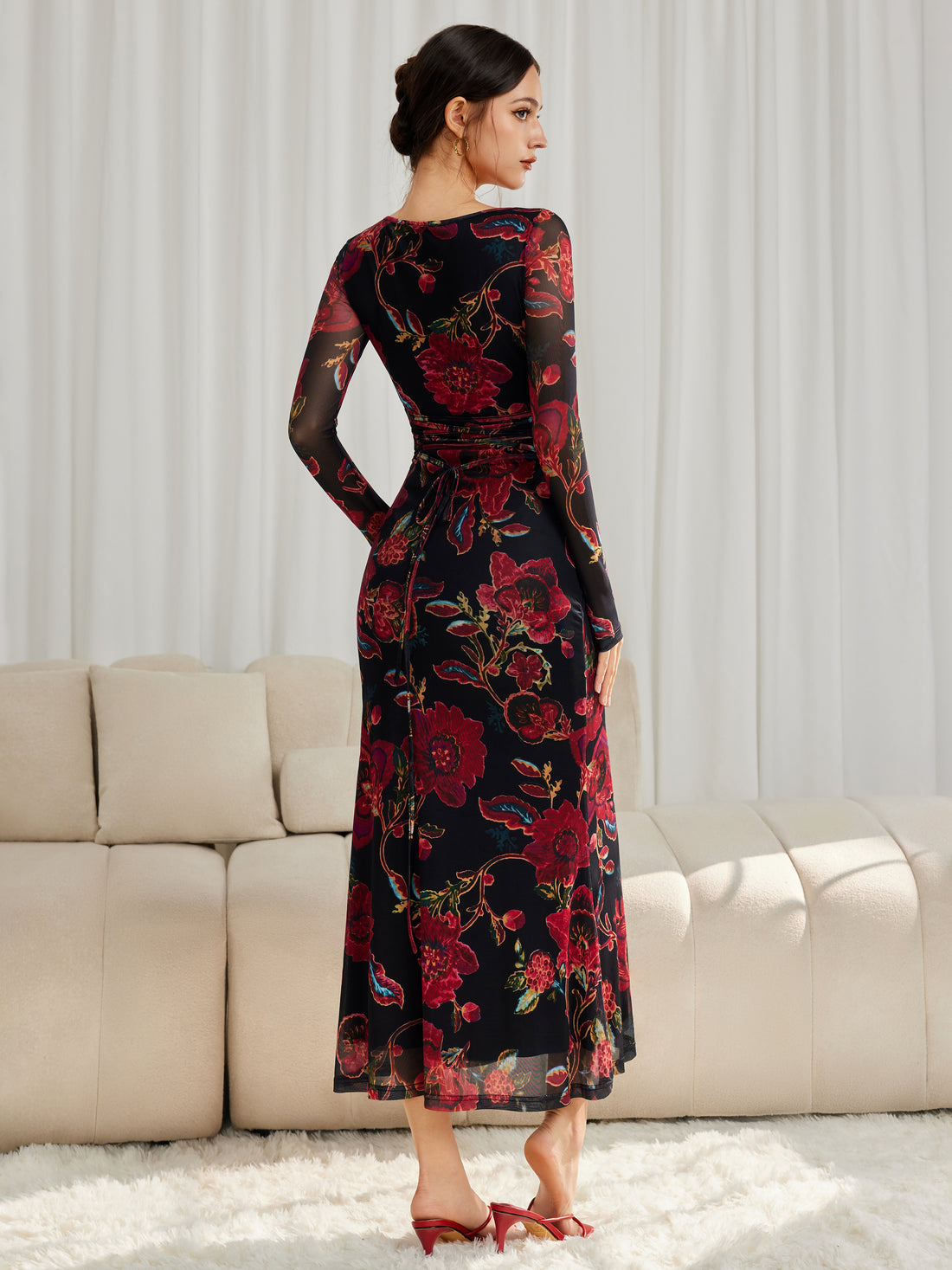 Floral Mesh Long Sleeve Maxi Square Neck Dress
