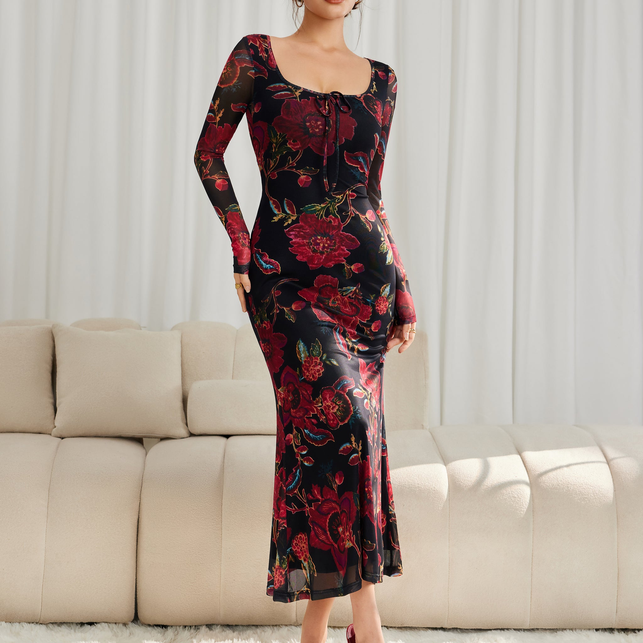 Floral Mesh Long Sleeve Maxi Square Neck Dress vinova Floral Mesh Long Sleeve Maxi Square Neck Dress vinova
