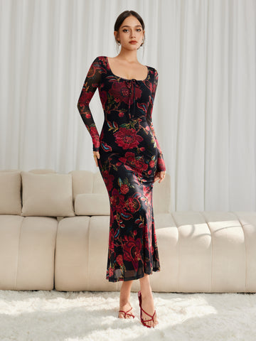 Floral Mesh Long Sleeve Maxi Square Neck Dress