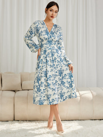 Back Tie Waist High-stretch V-Neck Floral Dress
