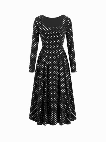 Polka Dot Long Sleeve Back Tie Reversible Midi Dress with Pockets