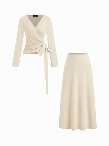 V-Neck Tie Waist Top & Full Elastic Waist Skirt Set