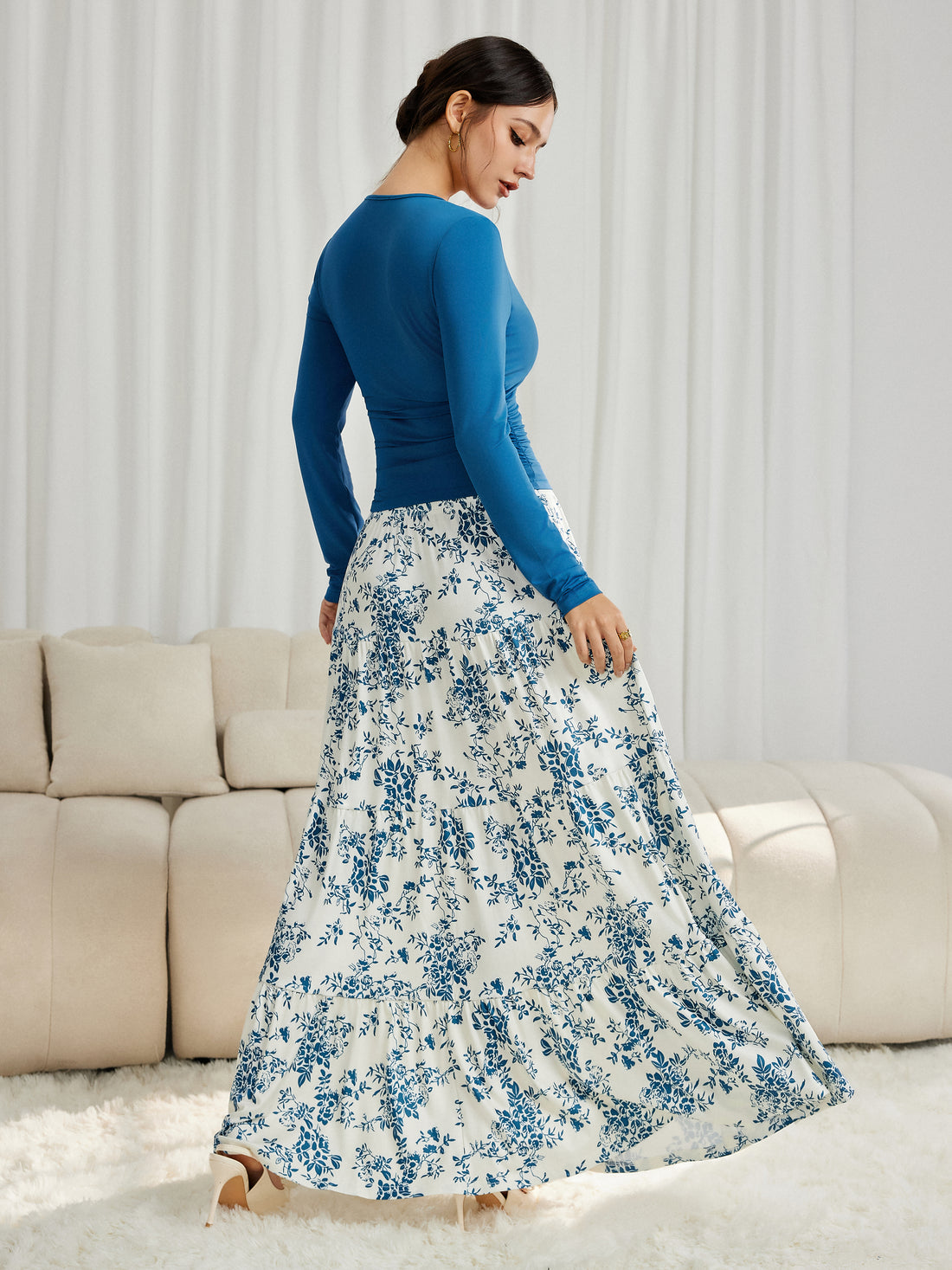 Floral Print Maxi Skirt & V Neck Stretchy Top with Bra Pads Set