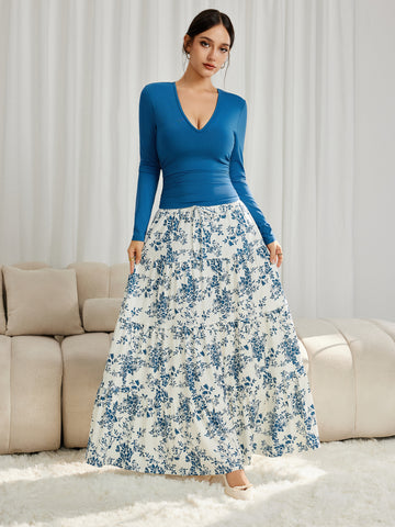 Floral Print Maxi Skirt & V Neck Stretchy Top with Bra Pads Set