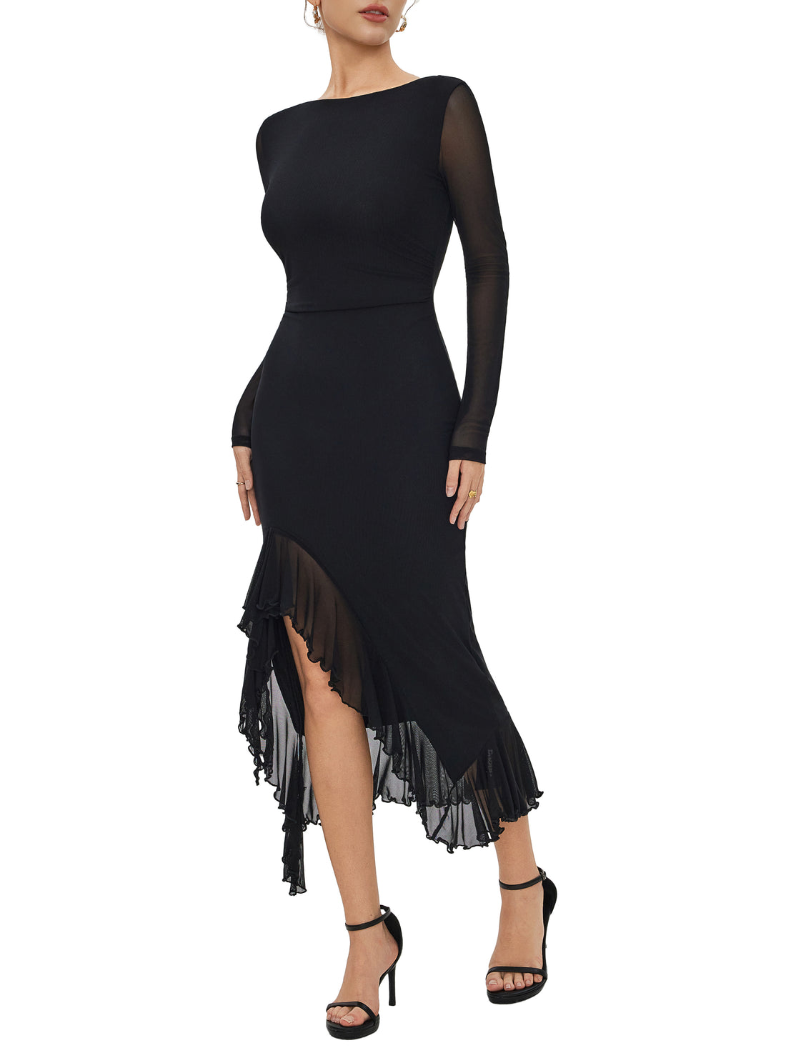 Floral Print Long Sleeve Ruffle Hem Stretchy Midi Dress