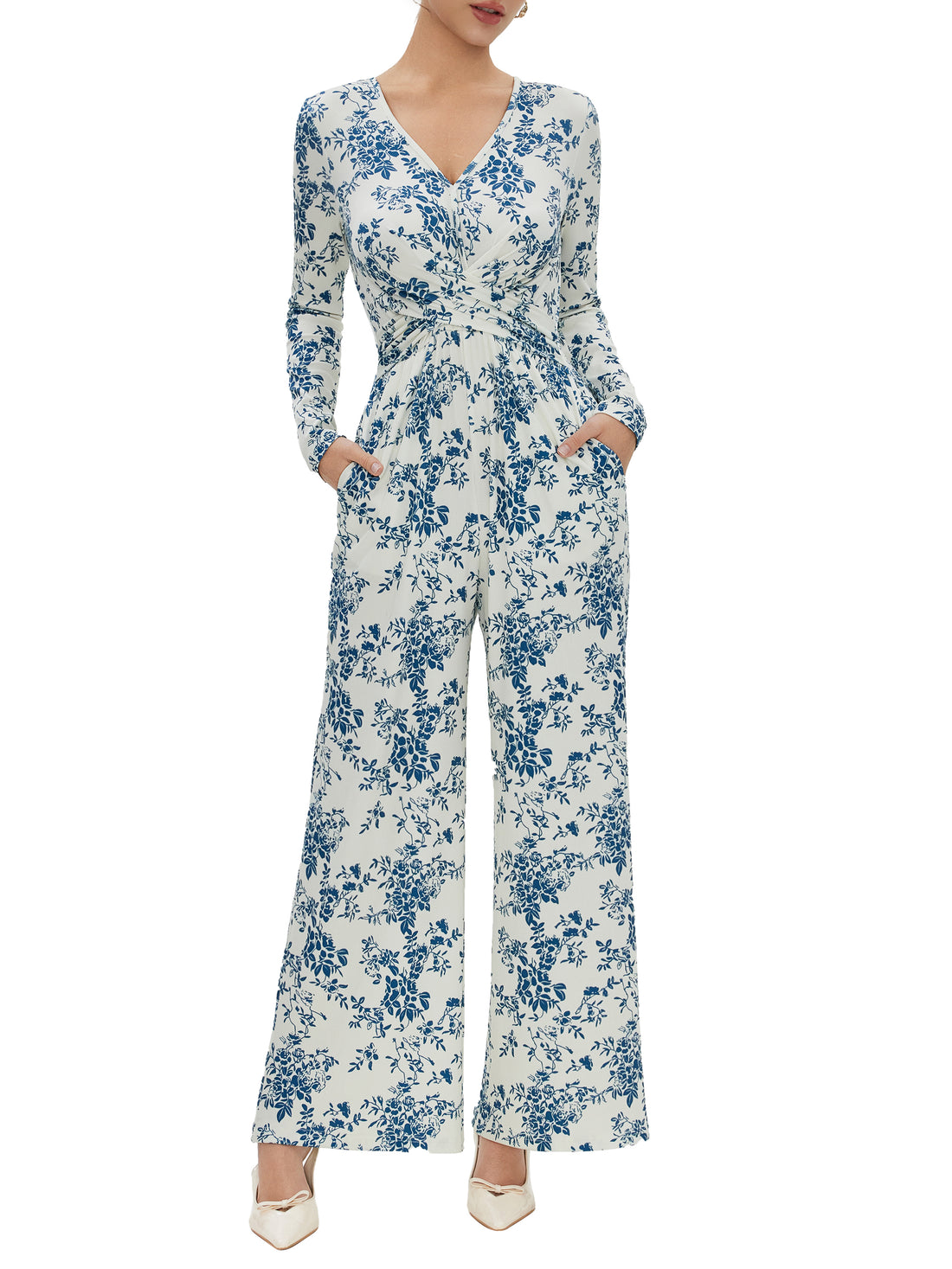 High-stretch V-Neck Floral Jumpsuits with Pockets