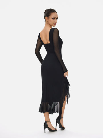 Floral Print Long Sleeve Ruffle Hem Stretchy Midi Dress