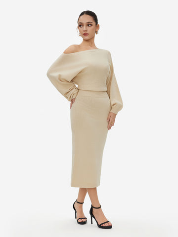 One Shoulder Solid Sweater Long Sleeves Knitted Dress