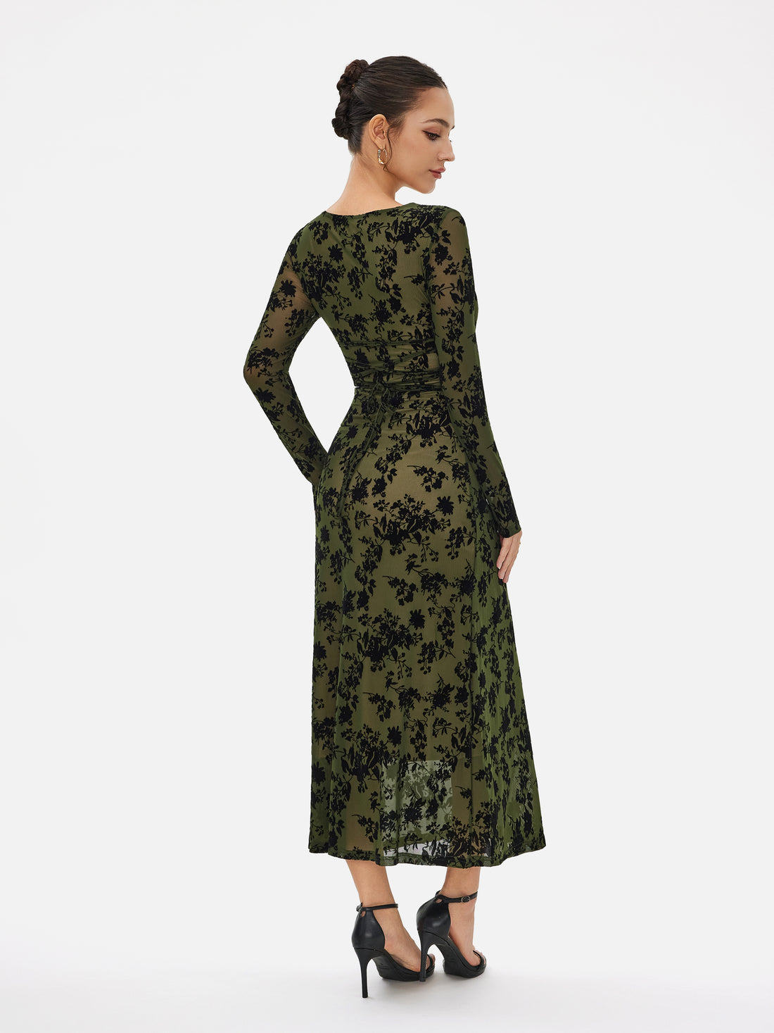 Floral Flock Print Mesh Back Tie Midi Dress