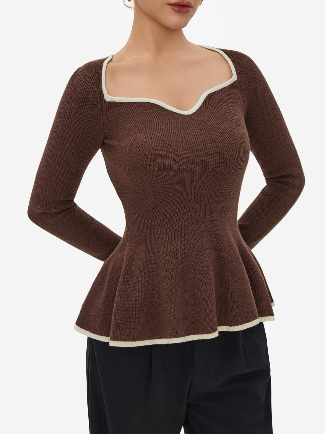 Fitted Waist Long Sleeve Knitted Tops