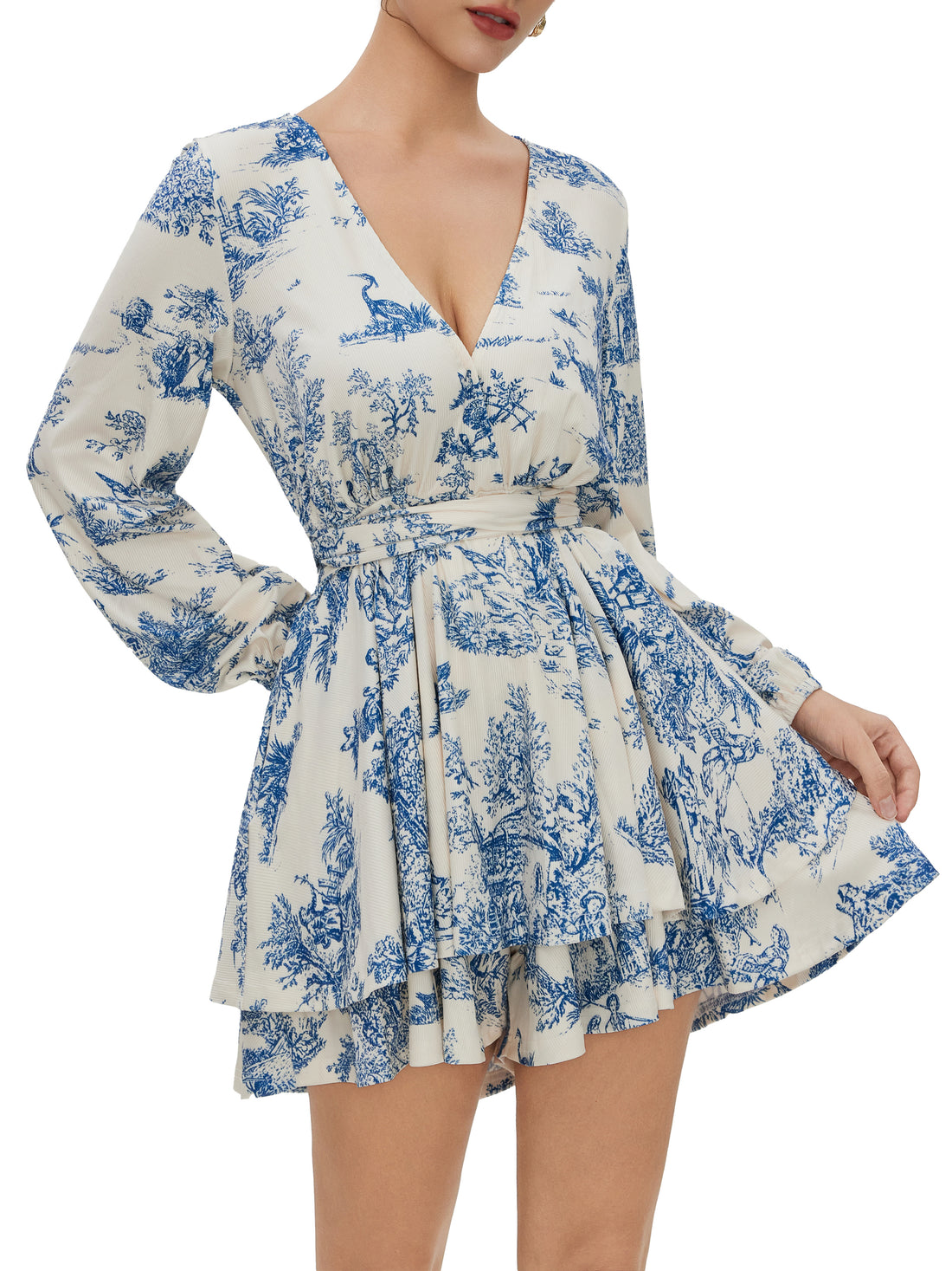 Floral Print V Neck Ruffle Hem Mini Dress