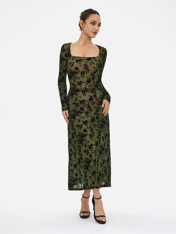 Floral Flock Print Mesh Back Tie Midi Dress