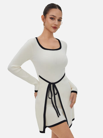 Tie Waist Contrast Knit Long Sleeve Mini Dress