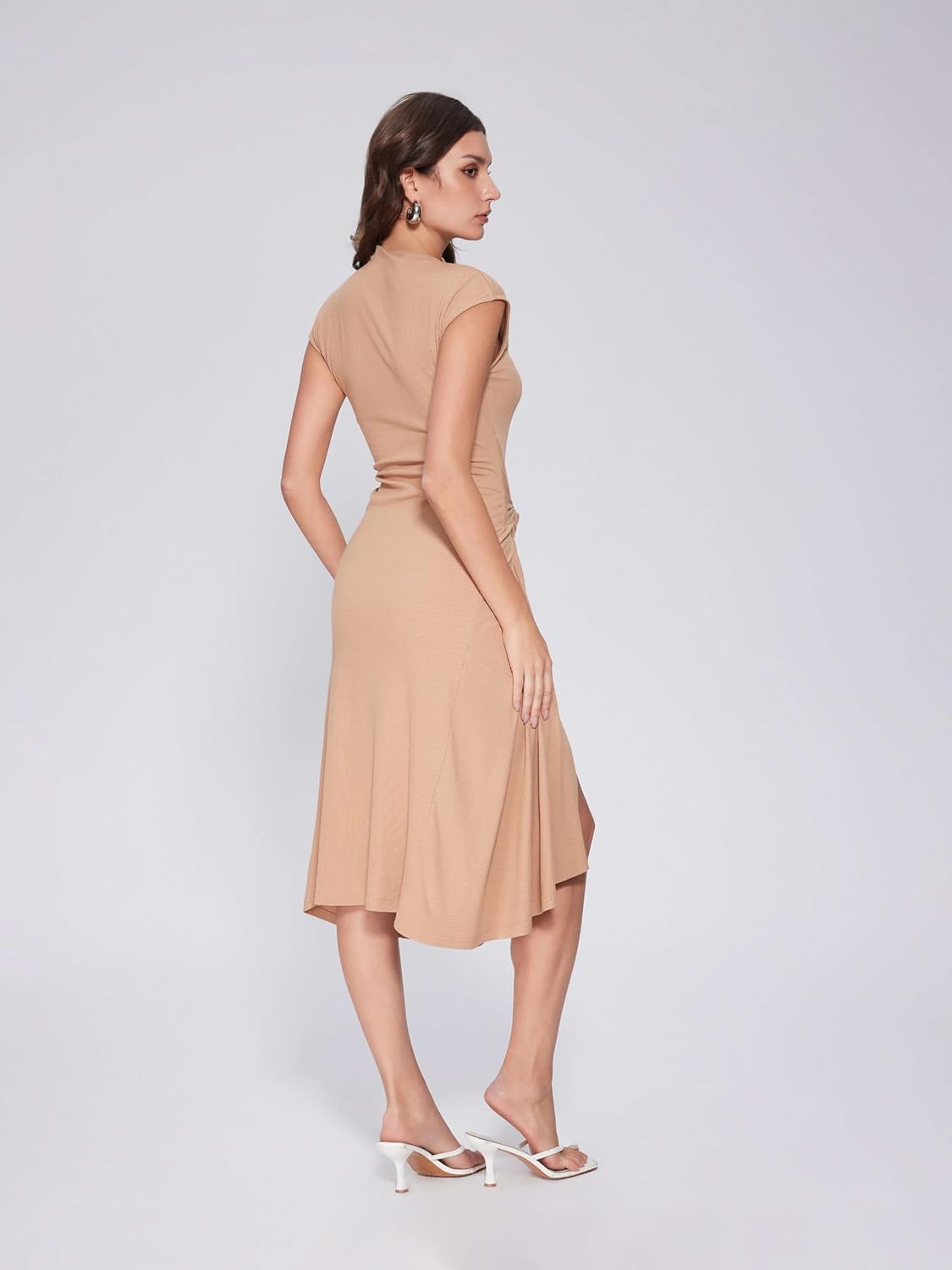 Vinova Slit Maxi Dresses for Women Tie Front Work Dress Cap Sleeve Midi Dress Asymmetrical Summer Dress Trendy Outfit