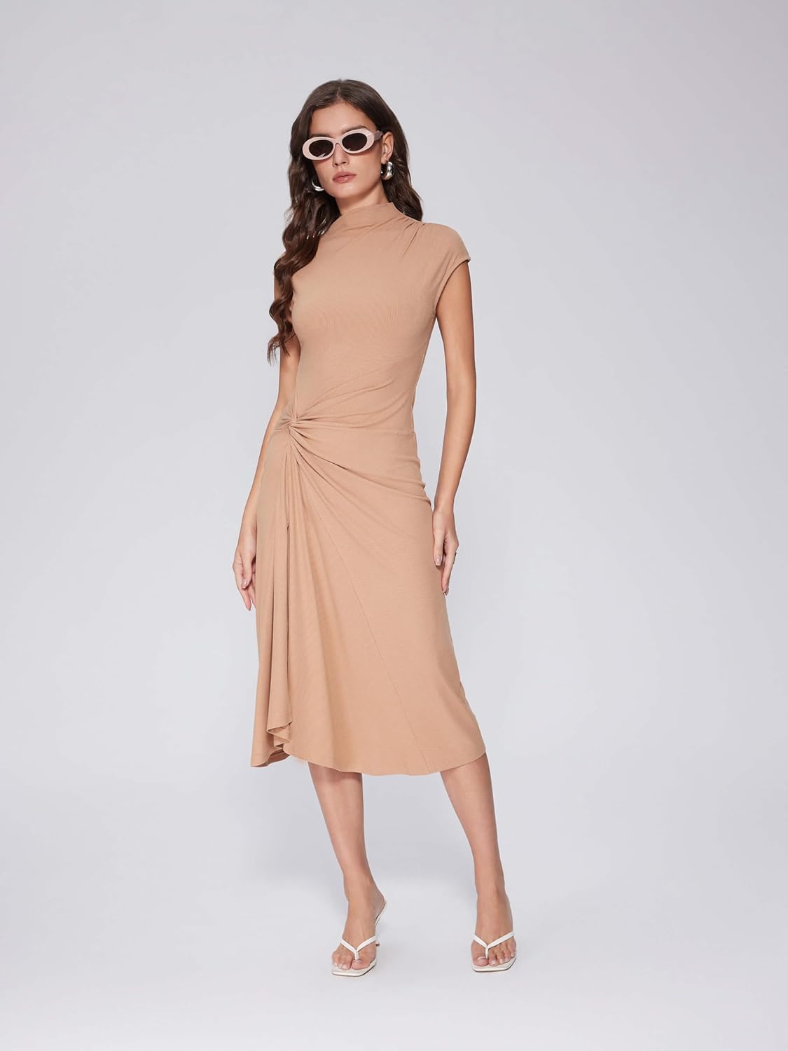 Vinova Slit Maxi Dresses for Women Tie Front Work Dress Cap Sleeve Midi Dress Asymmetrical Summer Dress Trendy Outfit