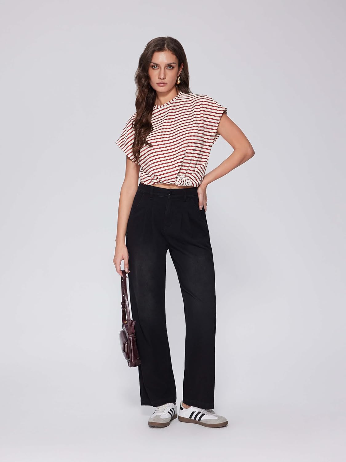 Vinova Womens Wide Leg Baggy Jeans Stretchy Pleated High Waisted Denim Pants Trouser Jeans