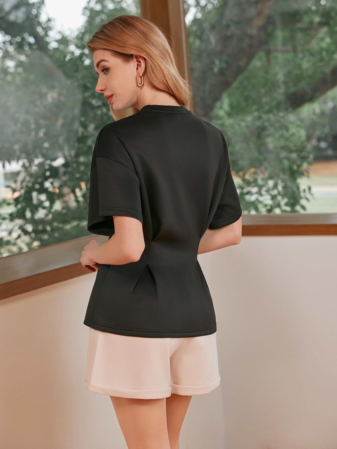 Vinova Women's Summer Tops Short Sleeve Flared Hem T Shirts Blouses Crew Neck Tee Business Casual Outfits