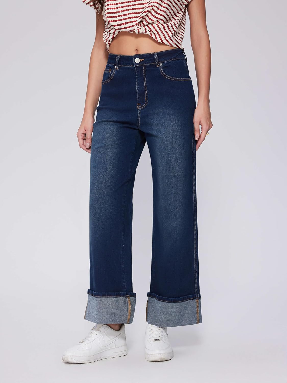 Vinova Womens Wide Leg Baggy Jeans Stretchy Folded Hem Cuffed Boyfriend Denim Pants Trendy Straight Leg Trouser Jeans