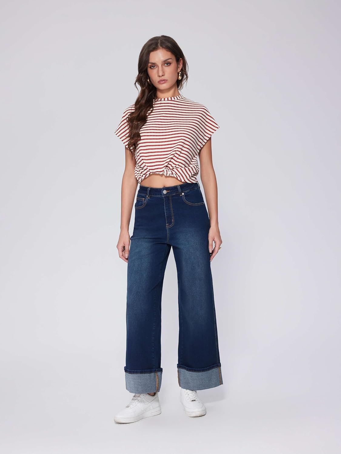 Vinova Womens Wide Leg Baggy Jeans Stretchy Folded Hem Cuffed Boyfriend Denim Pants Trendy Straight Leg Trouser Jeans