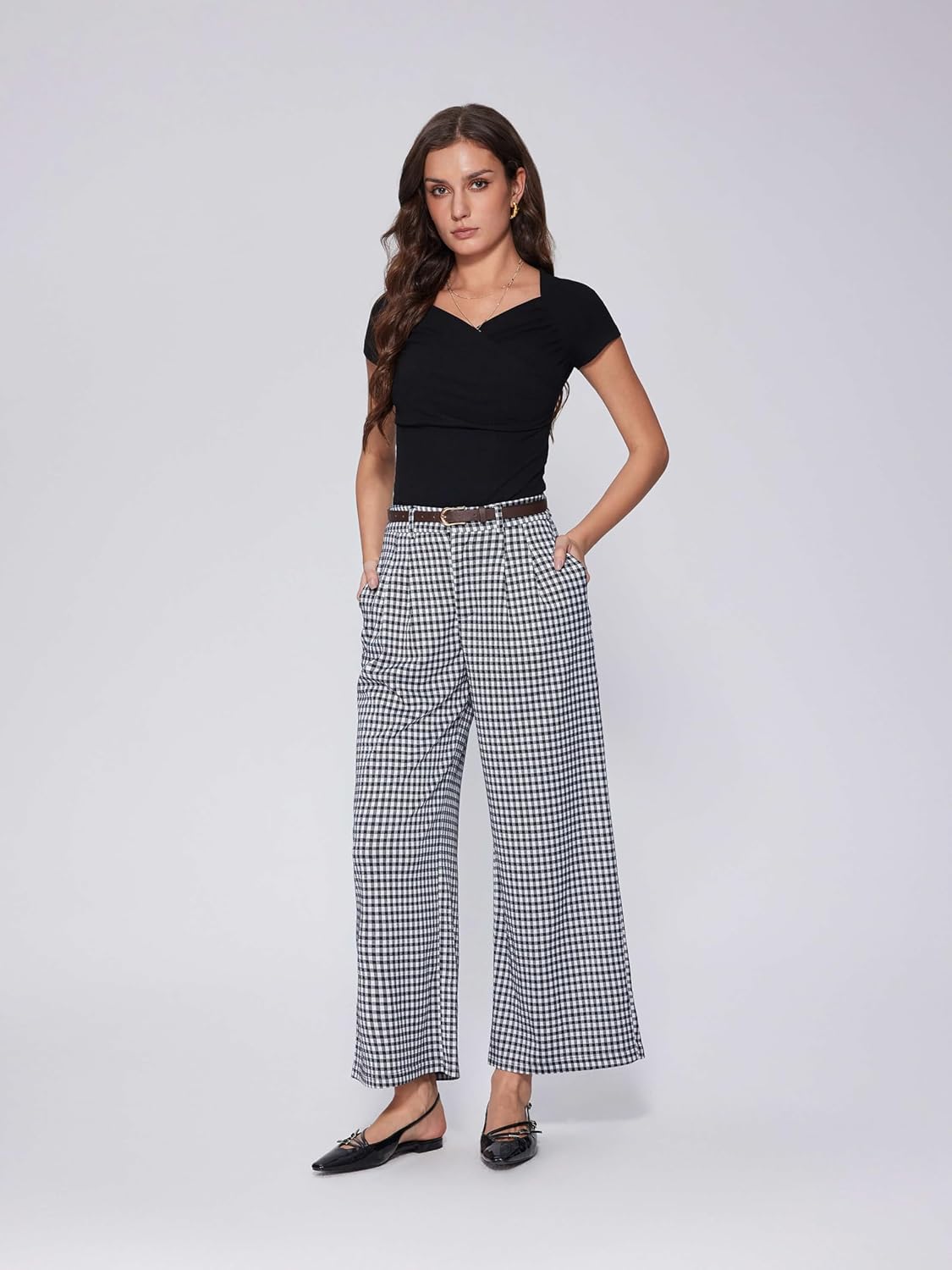 Vinova Womens Wide Straight Leg Pants Summer Plaid Pleated High Waisted Casual Work Pants