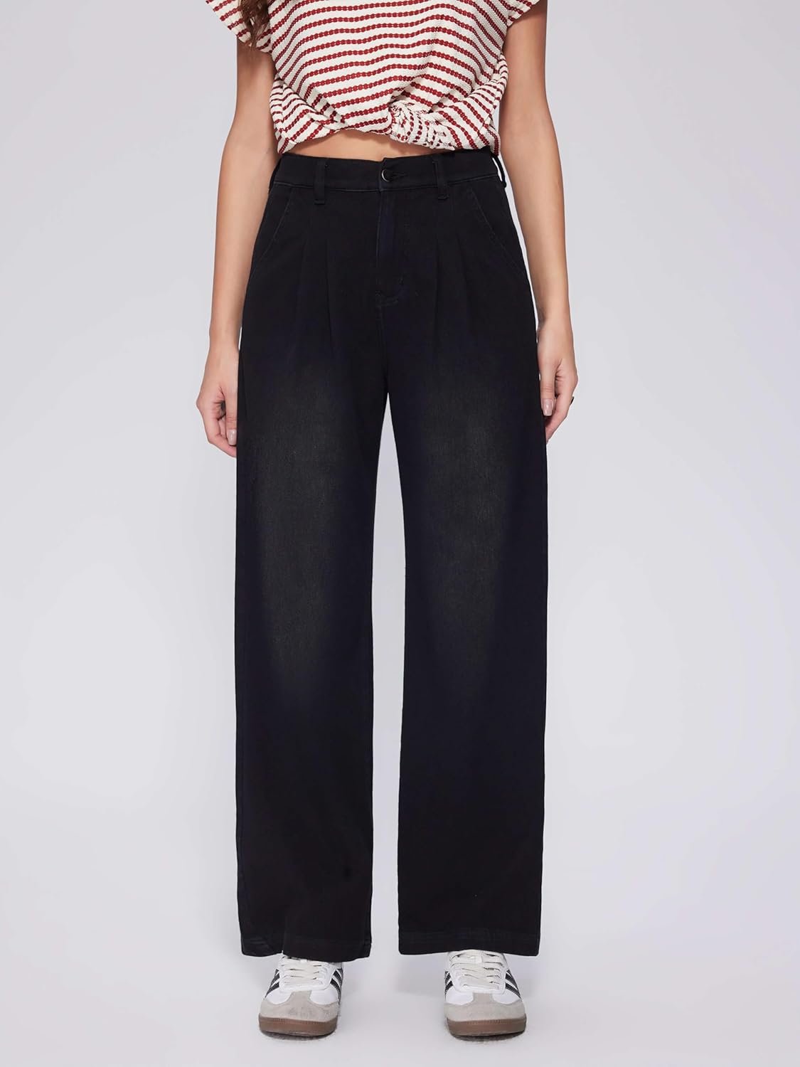 Vinova Womens Wide Leg Baggy Jeans Stretchy Pleated High Waisted Denim Pants Trouser Jeans