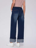 Vinova Womens Wide Leg Baggy Jeans Stretchy Folded Hem Cuffed Boyfriend Denim Pants Trendy Straight Leg Trouser Jeans