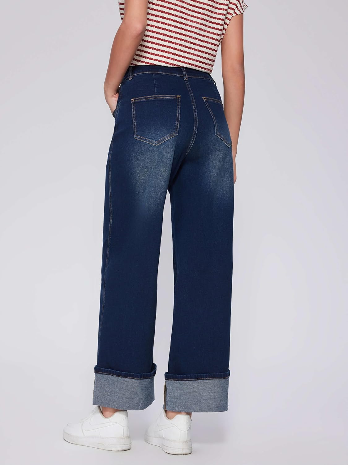 Vinova Womens Wide Leg Baggy Jeans Stretchy Folded Hem Cuffed Boyfriend Denim Pants Trendy Straight Leg Trouser Jeans