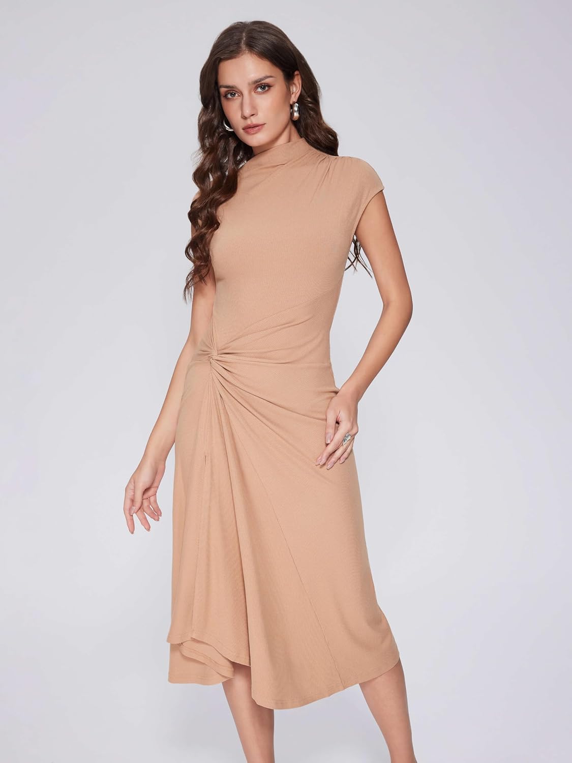 Vinova Slit Maxi Dresses for Women Tie Front Work Dress Cap Sleeve Midi Dress Asymmetrical Summer Dress Trendy Outfit