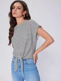 Vinova Women's Summer Tops Striped Cap Sleeve Crew Neck Tie Knot Crop Tops T Shirts Loose Casual Summer Outfits