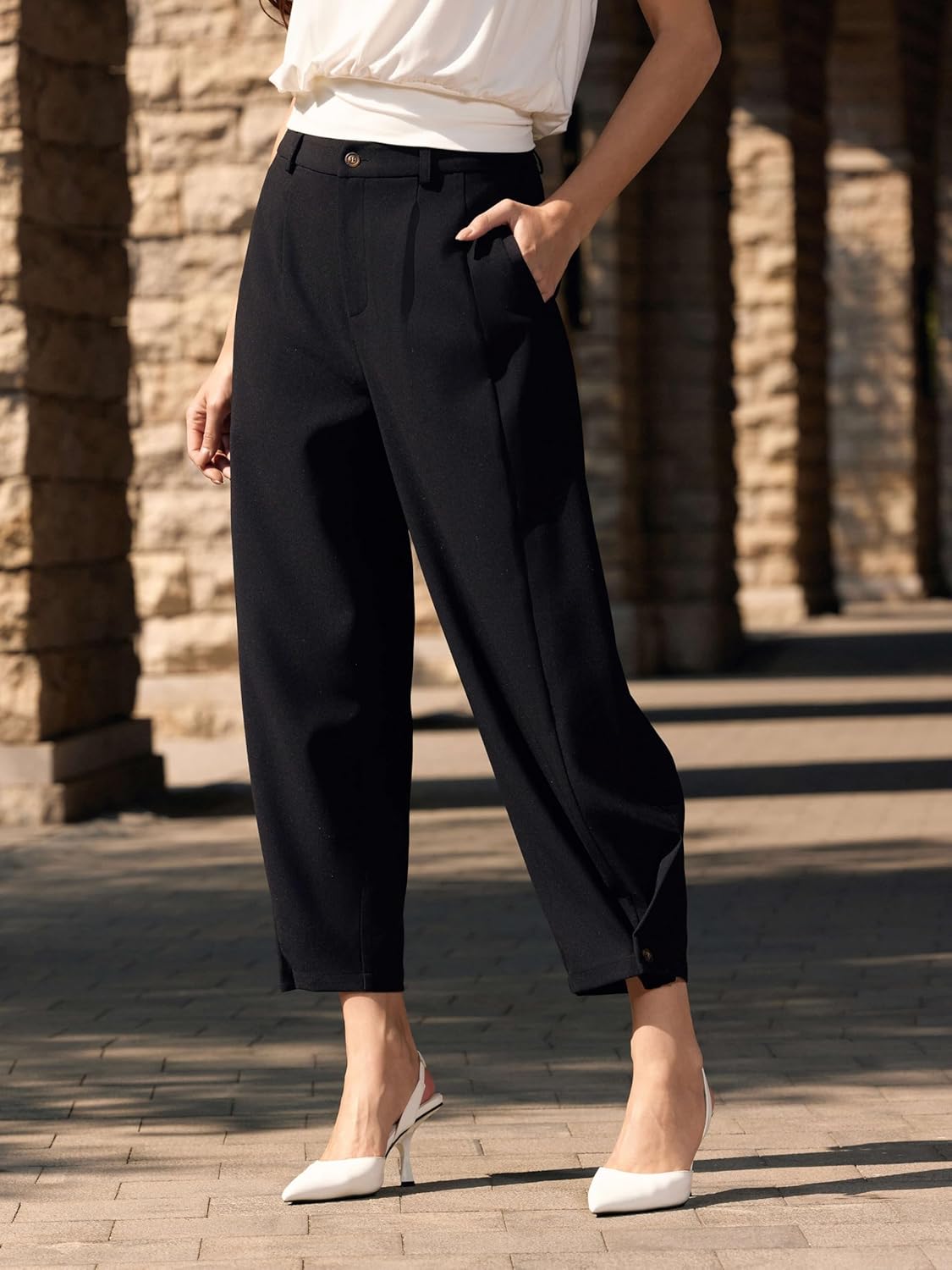 Vinova Womens Barrel Pants Stretchy High Waisted Wide Leg Work Pants Business Casual Outfits 2025