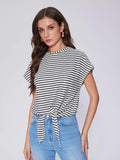 Vinova Women's Summer Tops Striped Cap Sleeve Crew Neck Tie Knot Crop Tops T Shirts Loose Casual Summer Outfits
