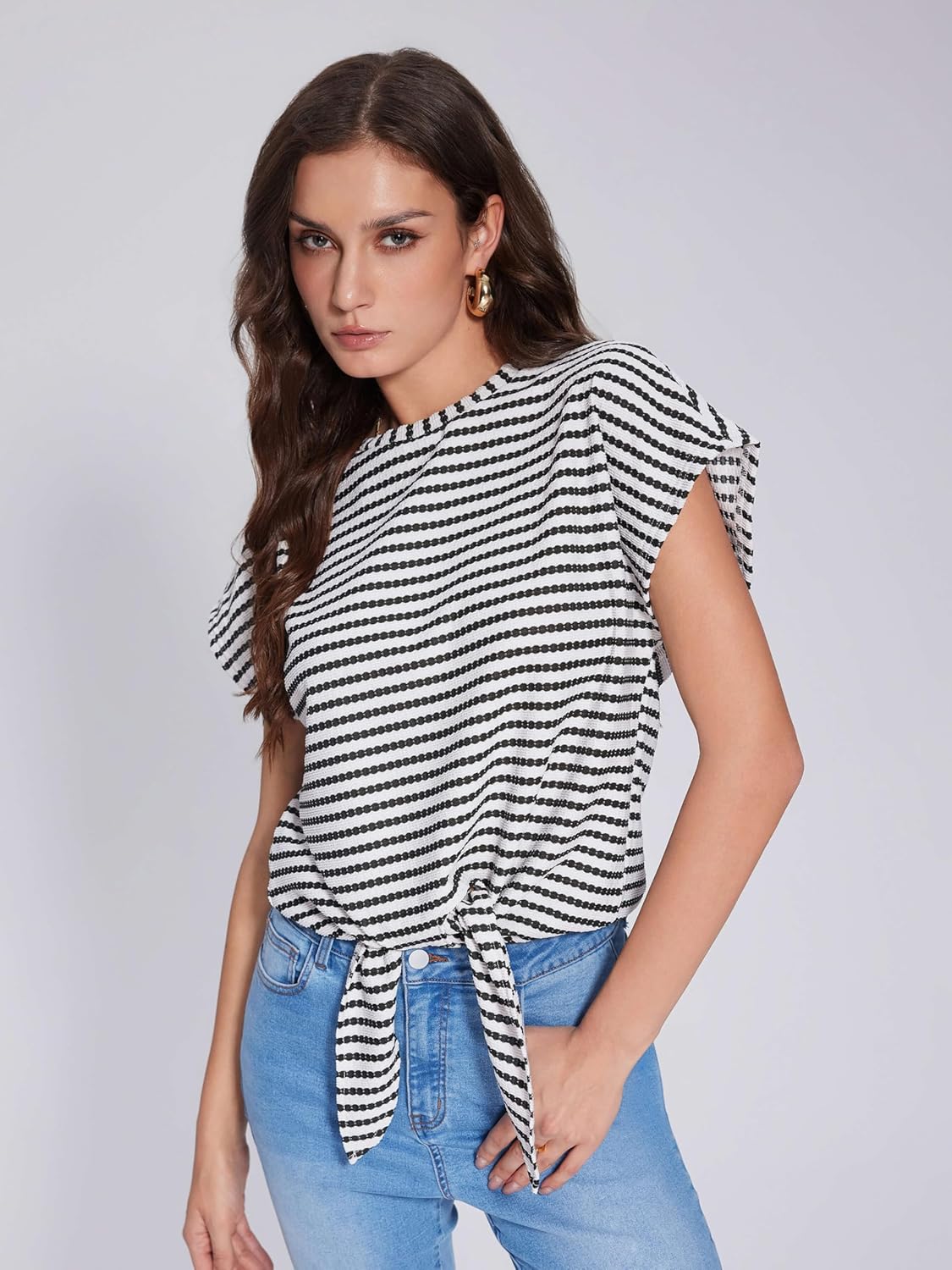 Vinova Women's Summer Tops Striped Cap Sleeve Crew Neck Tie Knot Crop Tops T Shirts Loose Casual Summer Outfits