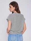 Vinova Women's Summer Tops Striped Cap Sleeve Crew Neck Tie Knot Crop Tops T Shirts Loose Casual Summer Outfits