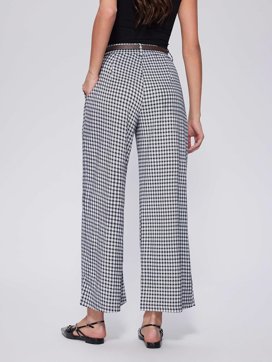 Vinova Womens Wide Straight Leg Pants Summer Plaid Pleated High Waisted Casual Work Pants