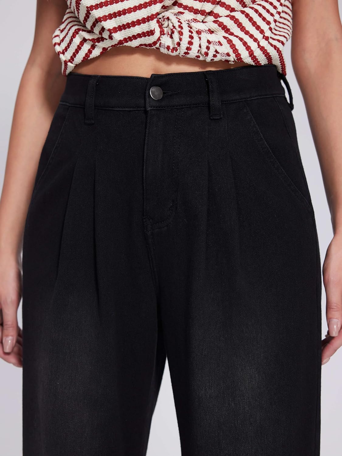 Vinova Womens Wide Leg Baggy Jeans Stretchy Pleated High Waisted Denim Pants Trouser Jeans