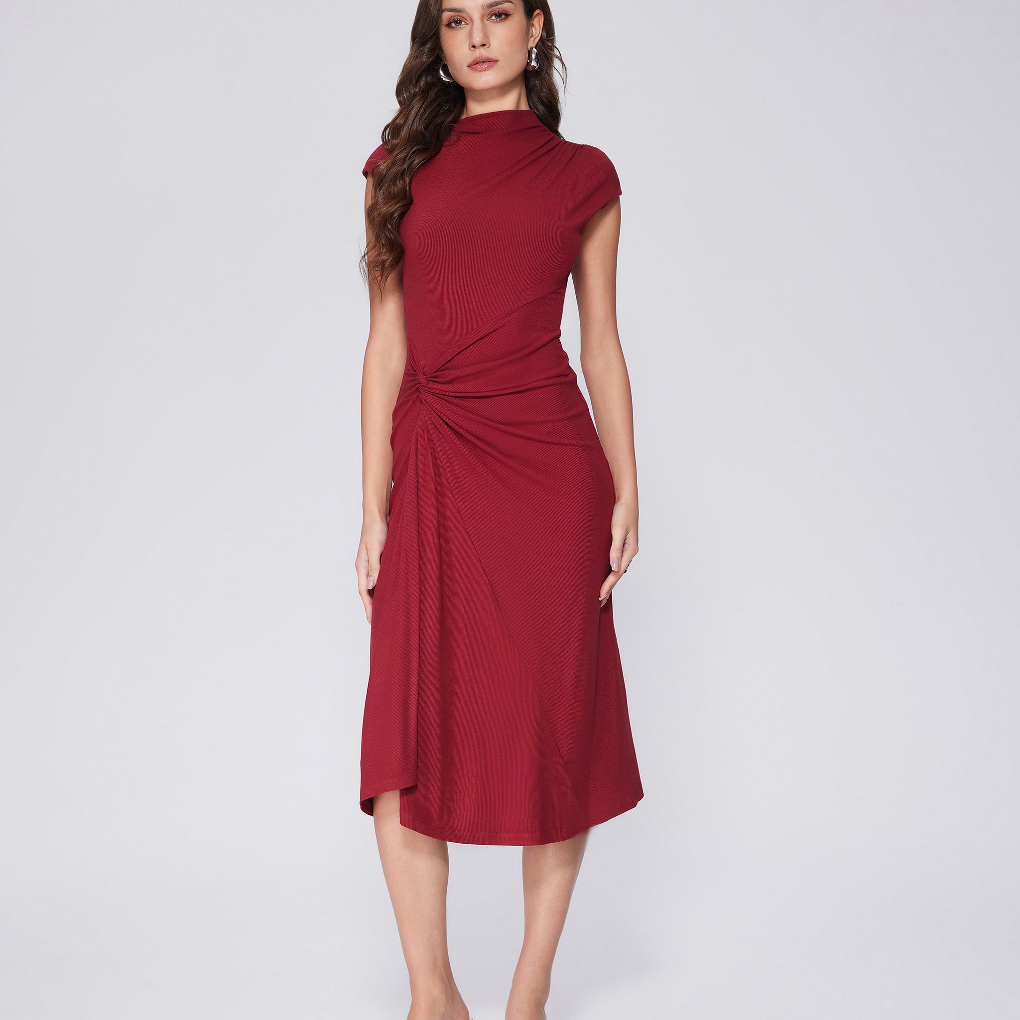 Ruched Burgundy Midi Dress