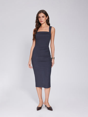 Ruched Square Neck Midi Dress