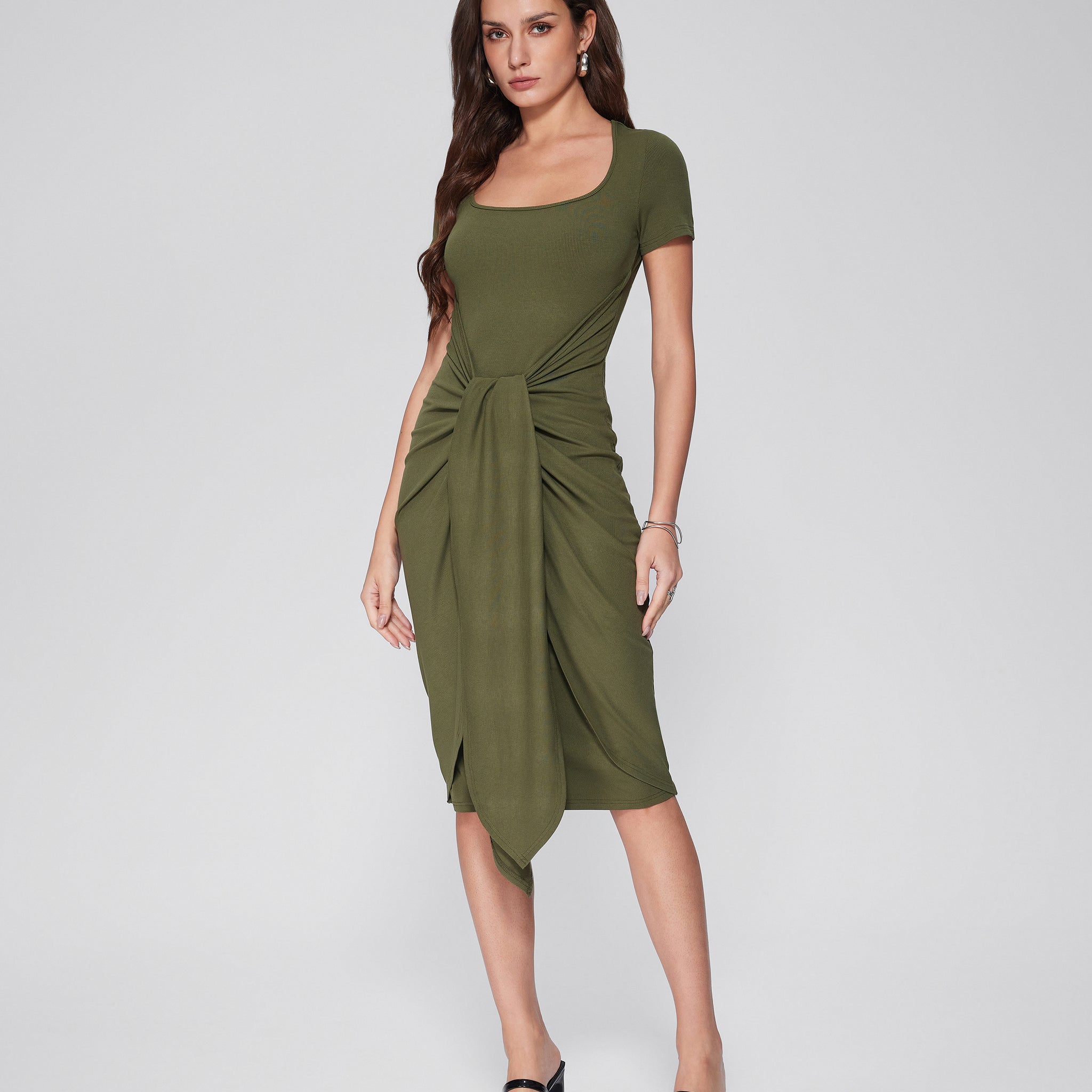 Square Neck Ruched Midi Dress