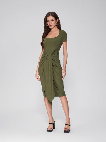 Square Neck Ruched Midi Dress