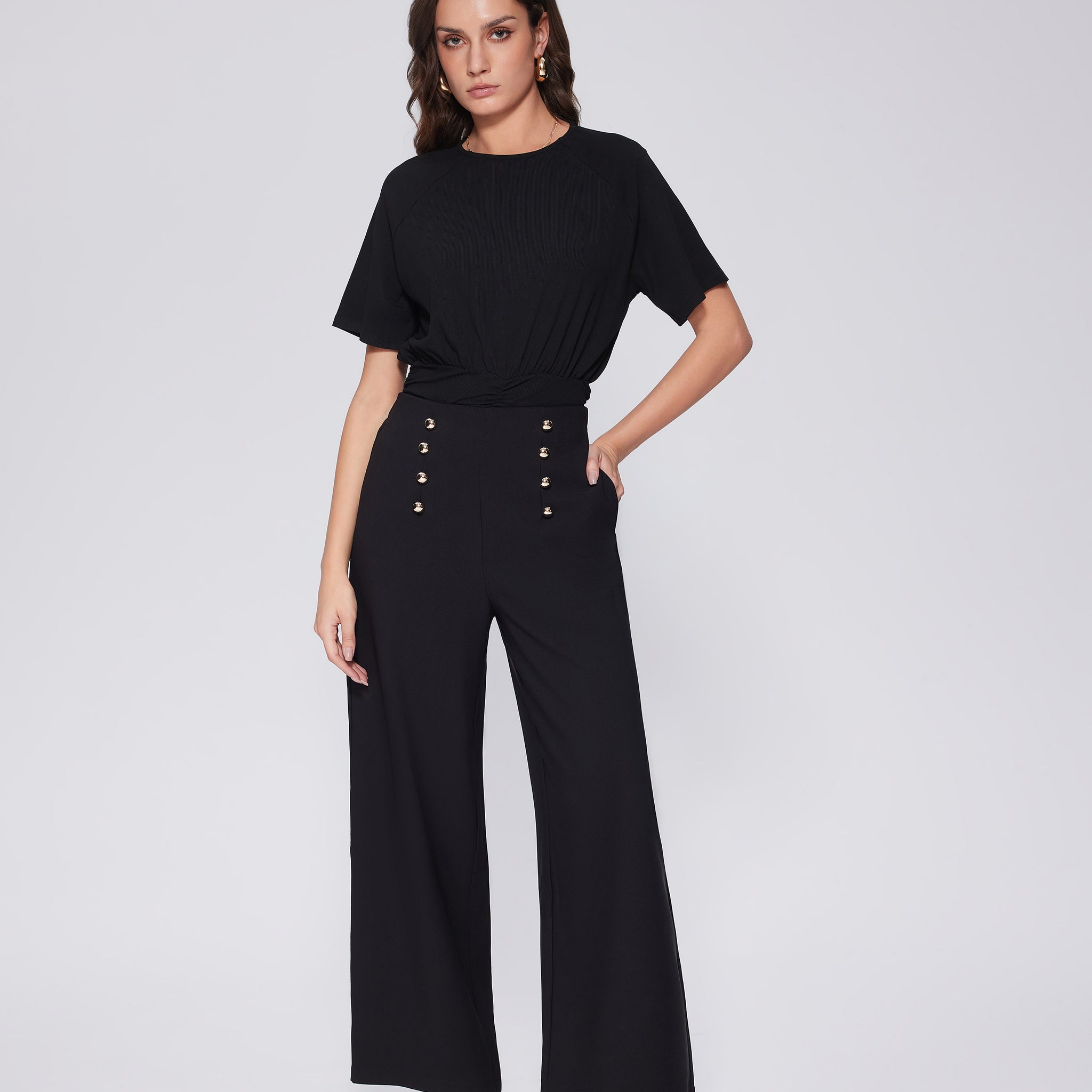 High-Waisted Button Detail Pants